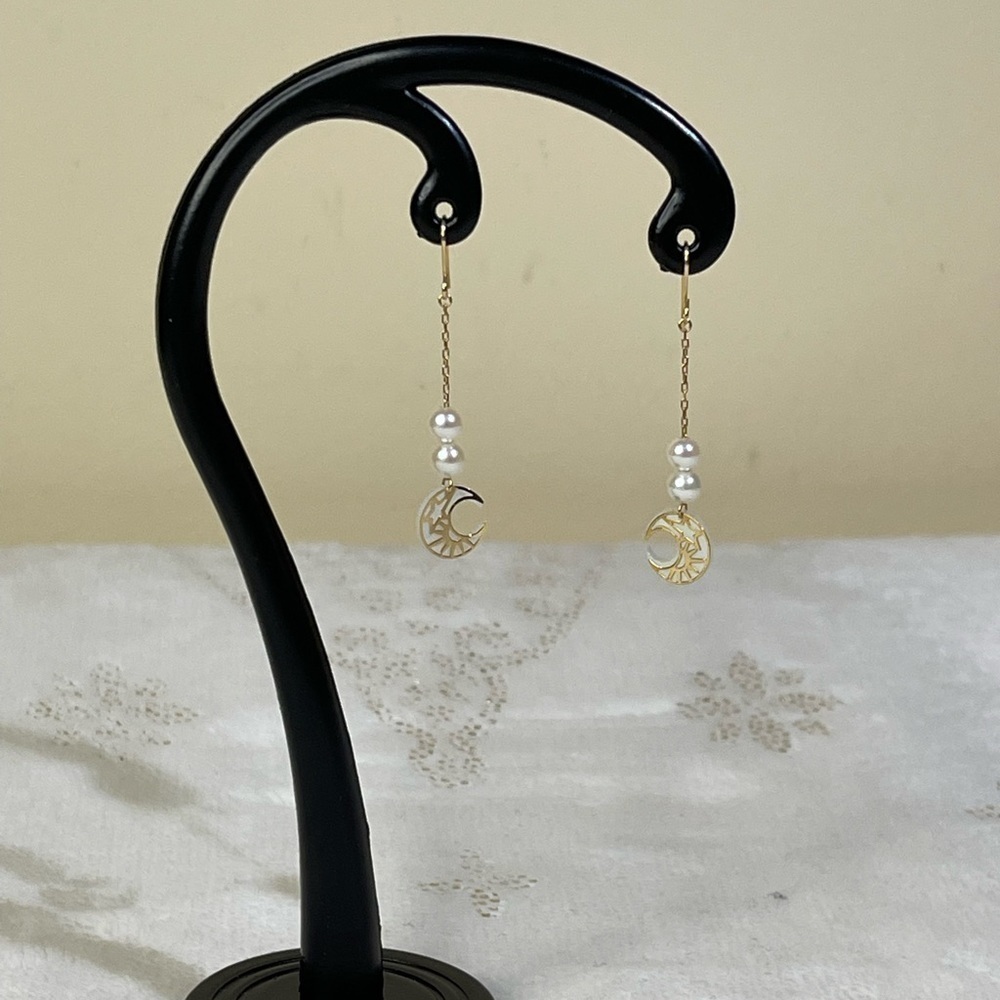 14k japan yellow gold dangling earrings with fresh water pearl - Picture 3 of 11